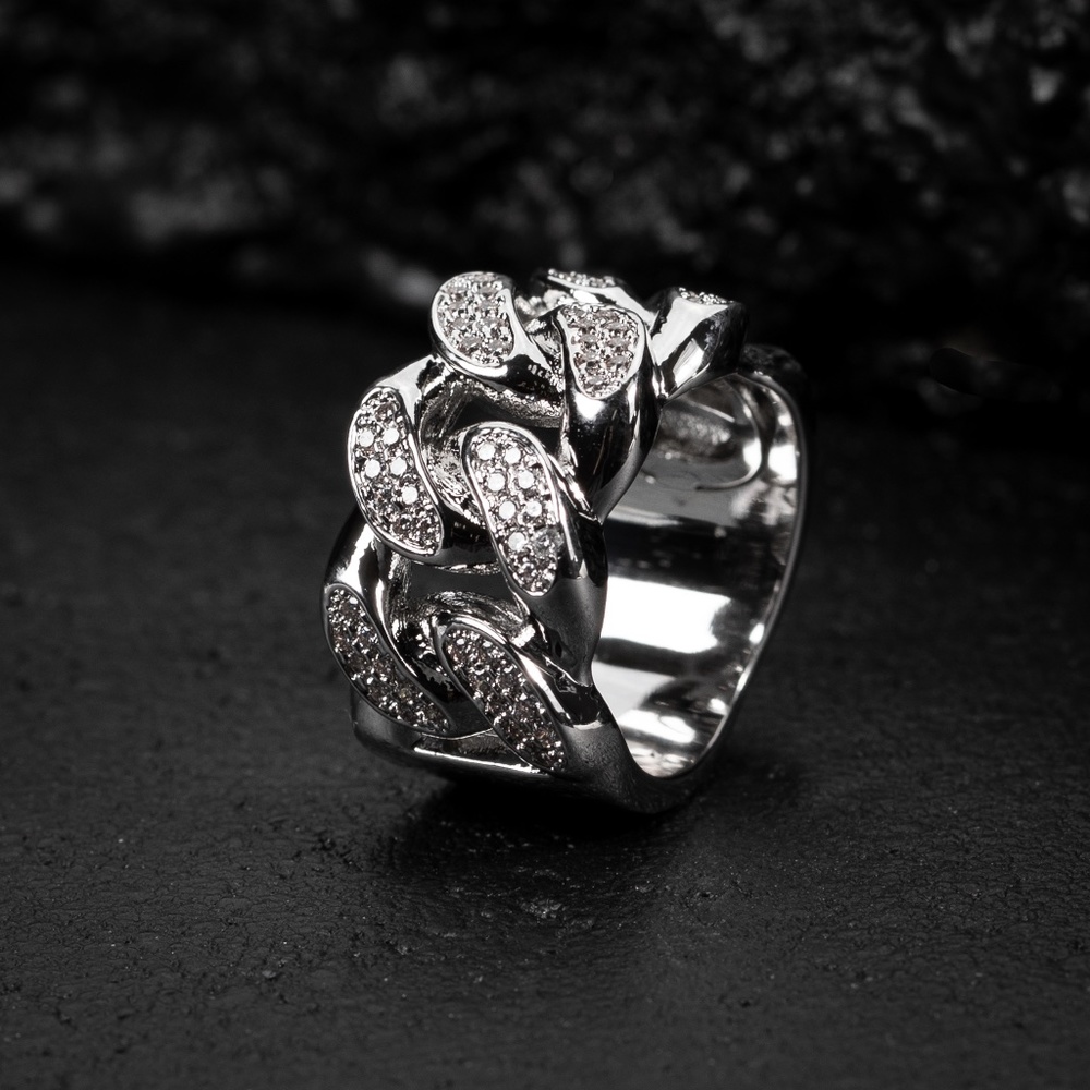 White Gold Plated Miami Style Iced Cz Cuban Link Retro Statement Pinky Ring